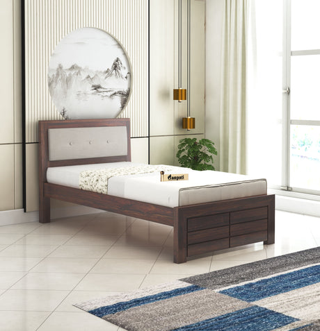 EURO Solid Sheesham Wood Single Bed With Upholstered Headboard - 1 Year Warranty