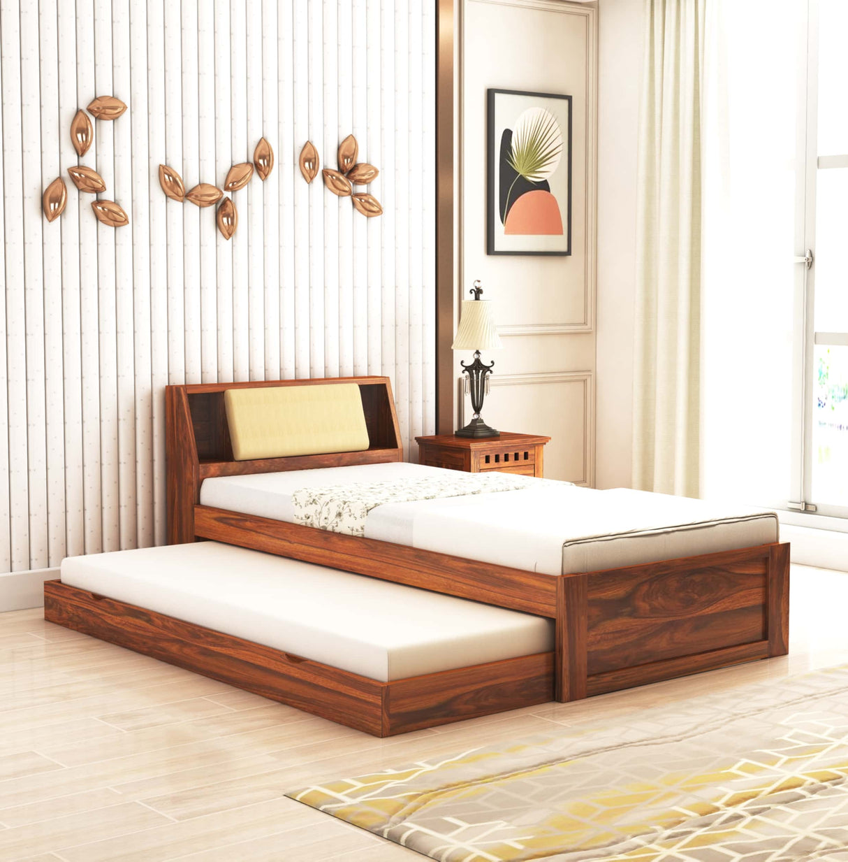 Mayor Solid Sheesham Wood Single Trundle Bed With Headboard Storage - 3 Years Warranty