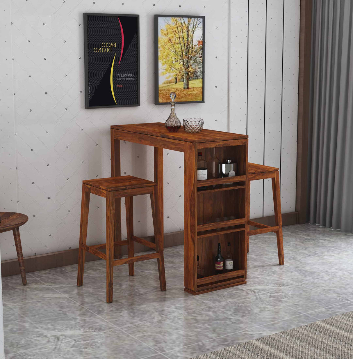 Foster Solid Sheesham Wood Bar Table With Two Stools - 3 Years Warranty