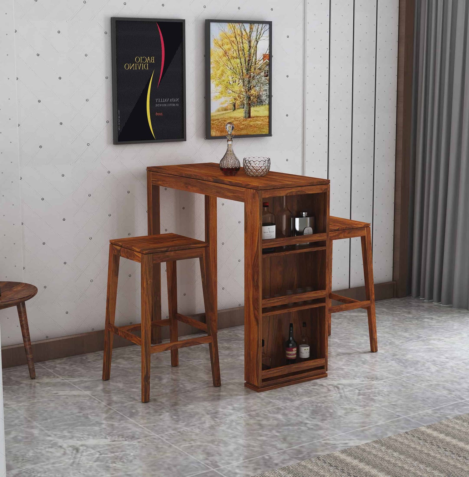 Foster Solid Sheesham Wood Bar Table With Two Stools - 3 Years Warranty