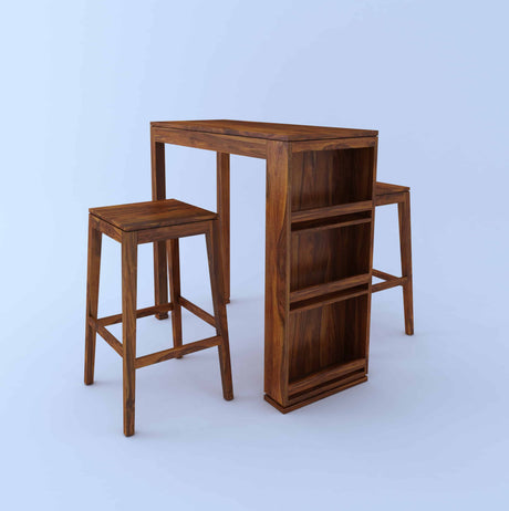 Foster Solid Sheesham Wood Bar Table With Two Stools - 1 Year Warranty