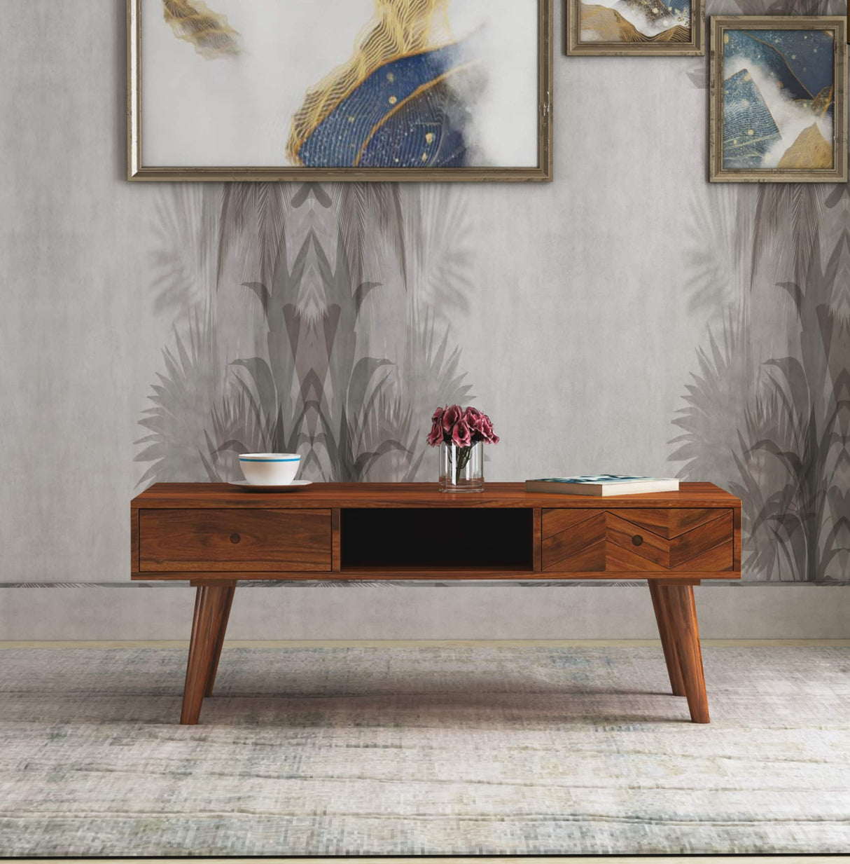 Simon Solid Sheesham Wood Coffee Table With Two Drawer Storage - 3 Years Warranty