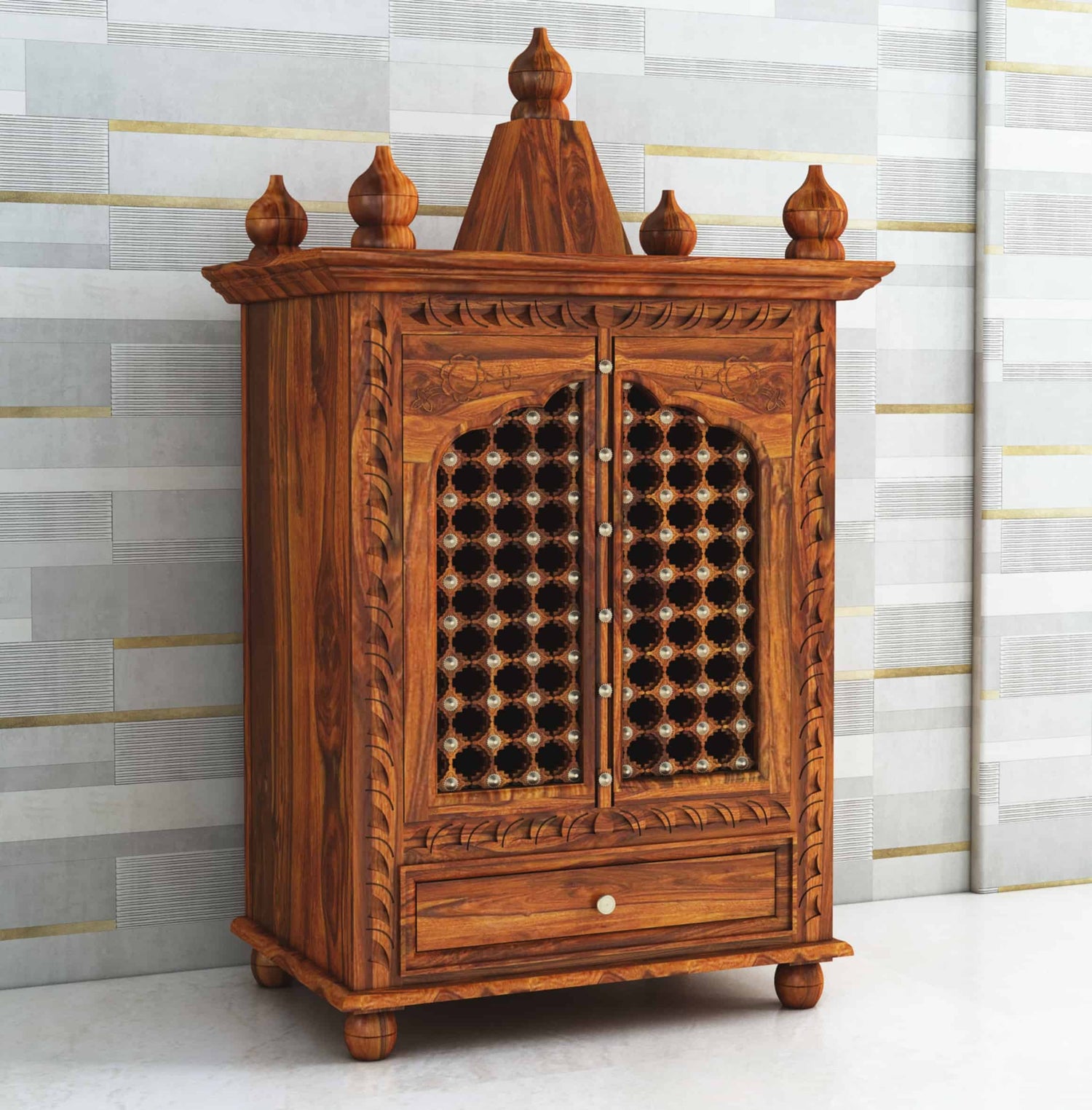 Brass Solid Sheesham Wood Mandir - 3 Years Warranty