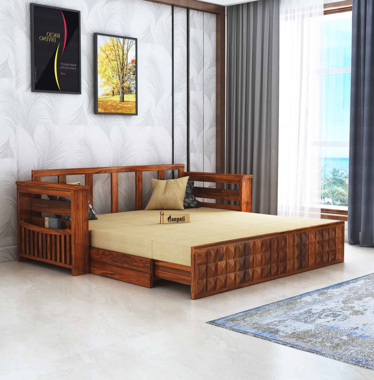 OSLO Solid Sheesham Wood 3 Seater Sofa Cum Bed With Mini Storage and Side Pockets - 3 Years Warranty