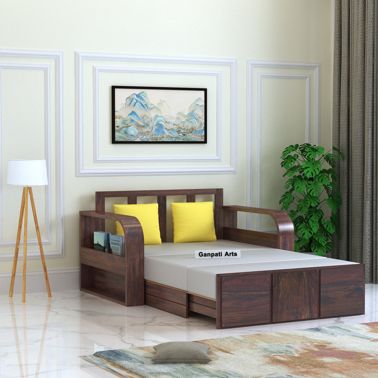 Scott Solid Sheesham Wood 2 Seater Sofa Cum Bed With Mini Storage - 3 Years Warranty