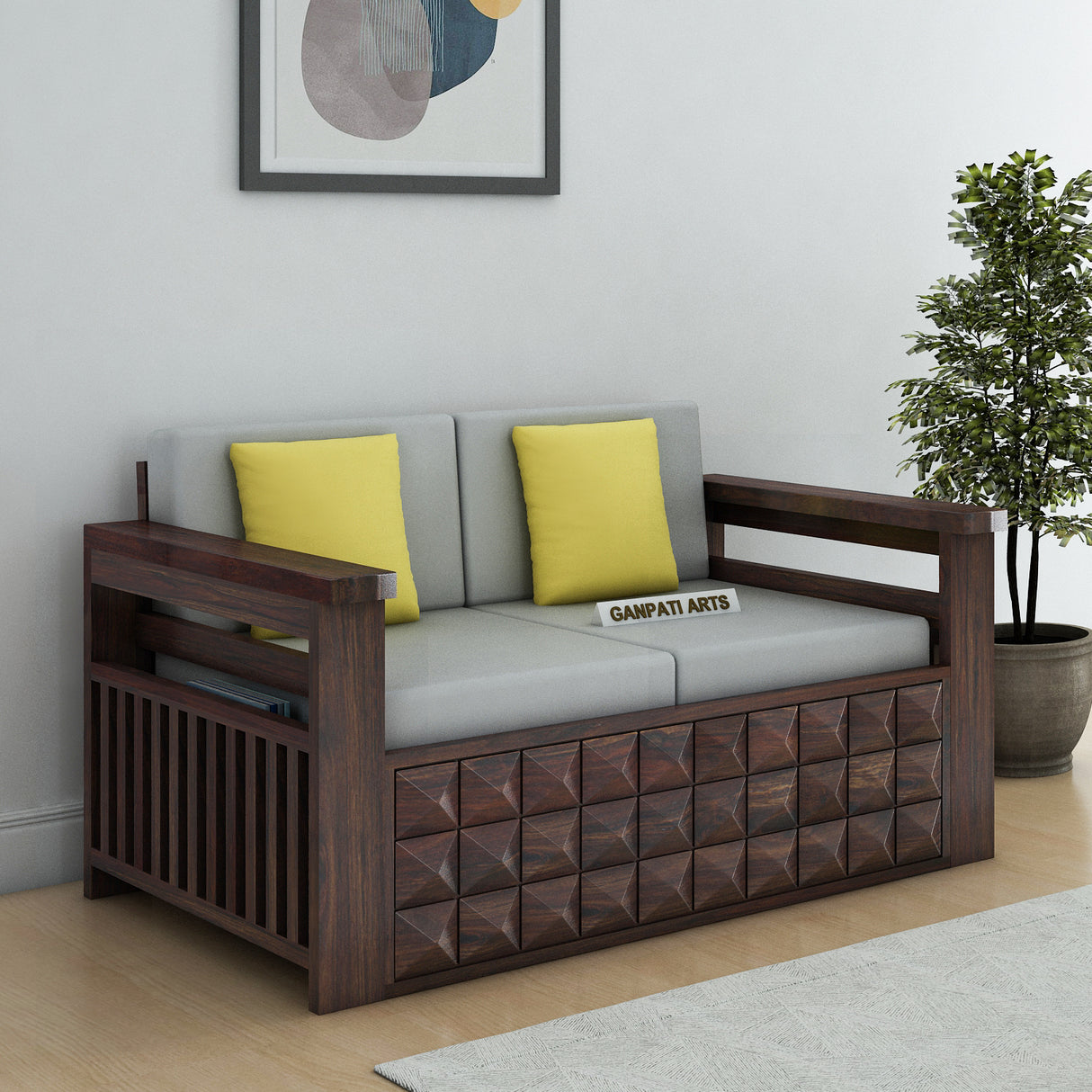 Oslo Solid Sheesham Wood 2 Seater Sofa With Side Pockets - 3 Years Warranty