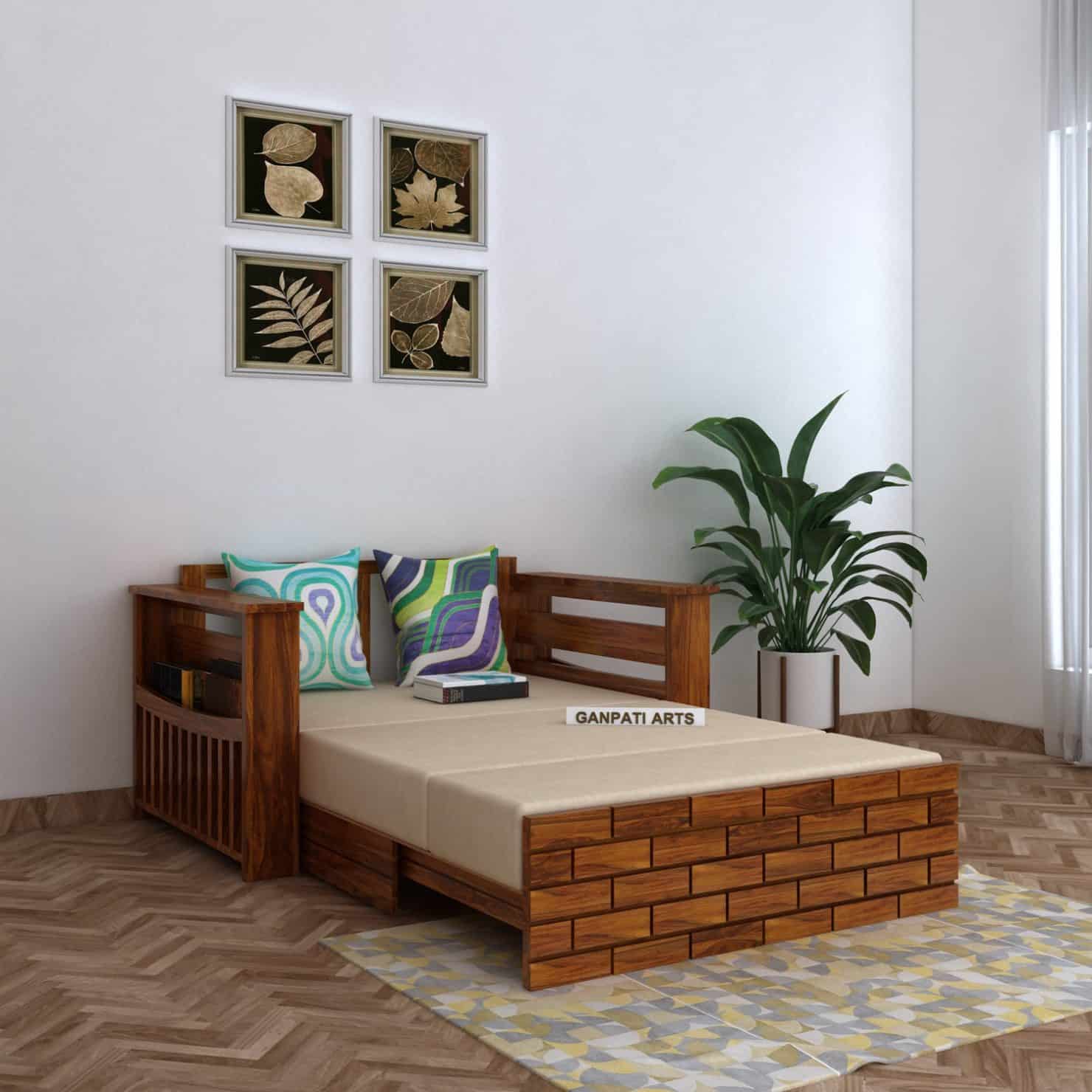 Italian Solid Sheesham Wood 2 Seater Sofa Cum Bed With Side Pockets - 3 Years Warranty