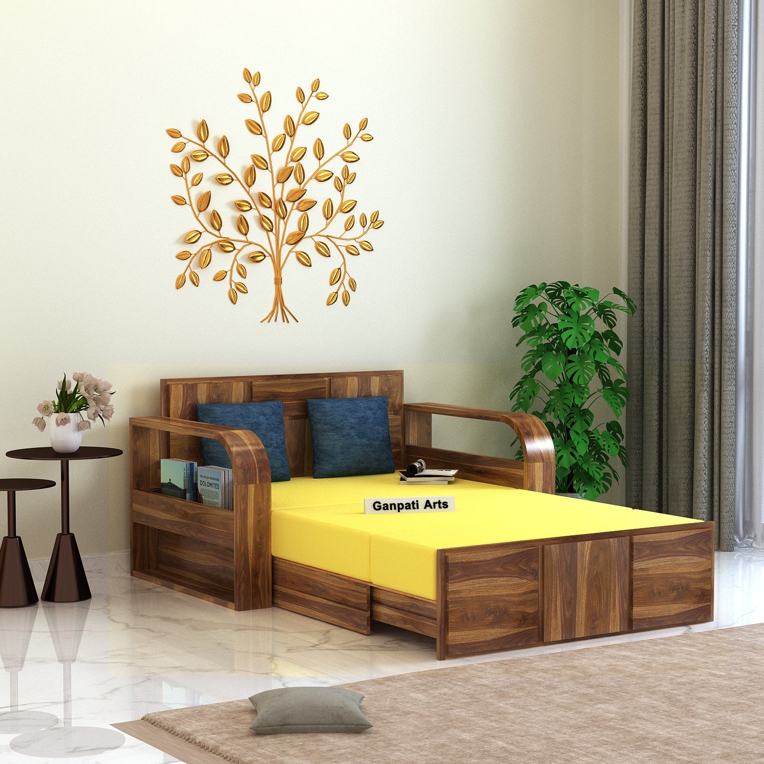 Scott Solid Sheesham Wood 2 Seater Sofa Cum Bed With Headboard and Mini Storage - 3 Years Warranty
