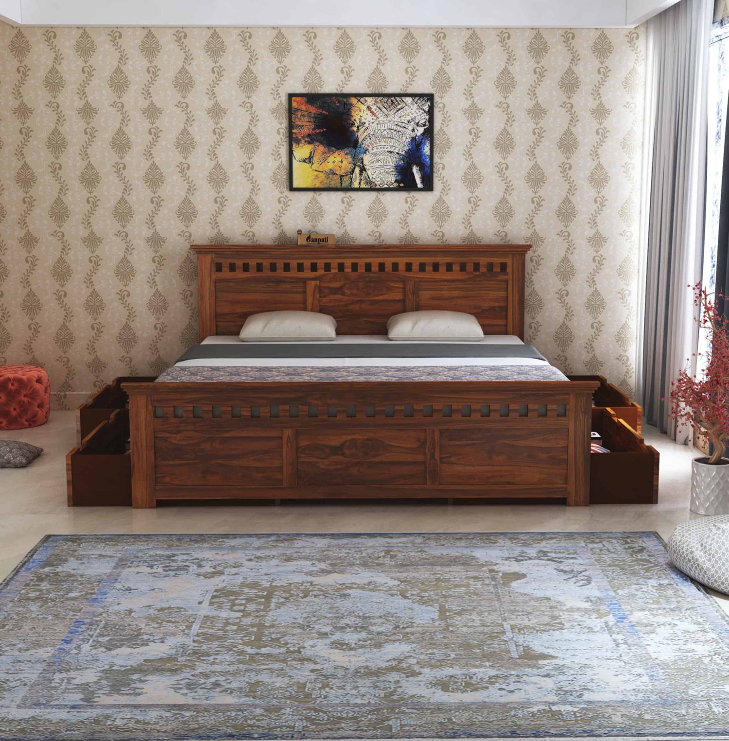 Armania Solid Sheesham Wood Bed With Four Drawer Storage - 3 Years Warranty