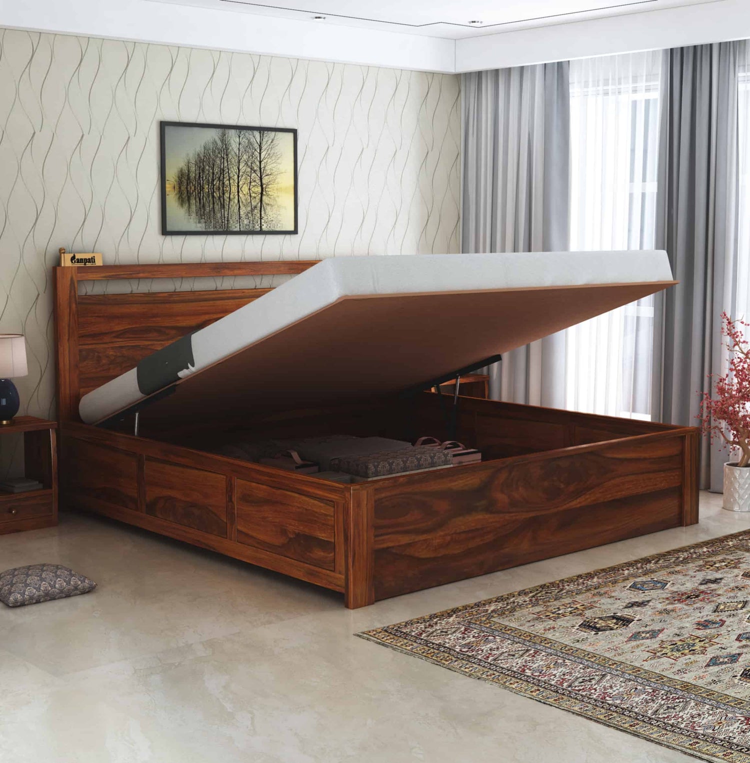 Jaipur Solid Sheesham Wood Hydraulic Storage Bed - 3 Years Warranty