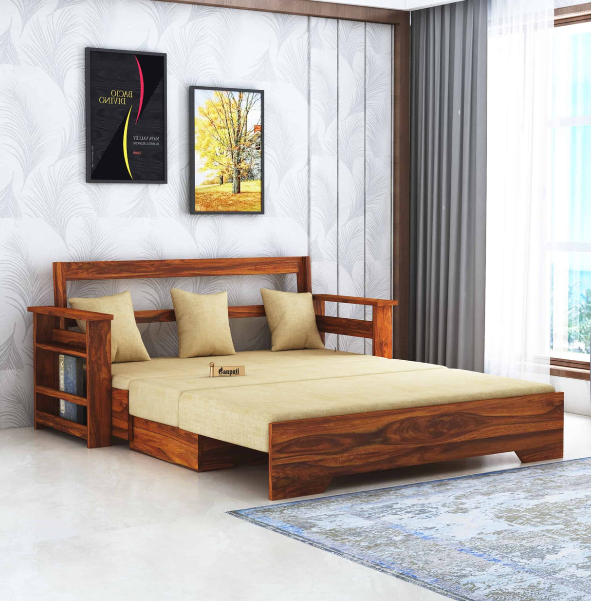Foster Solid Sheesham Wood 3 Seater Sofa Cum Bed With Side Pockets - 3 Years Warranty