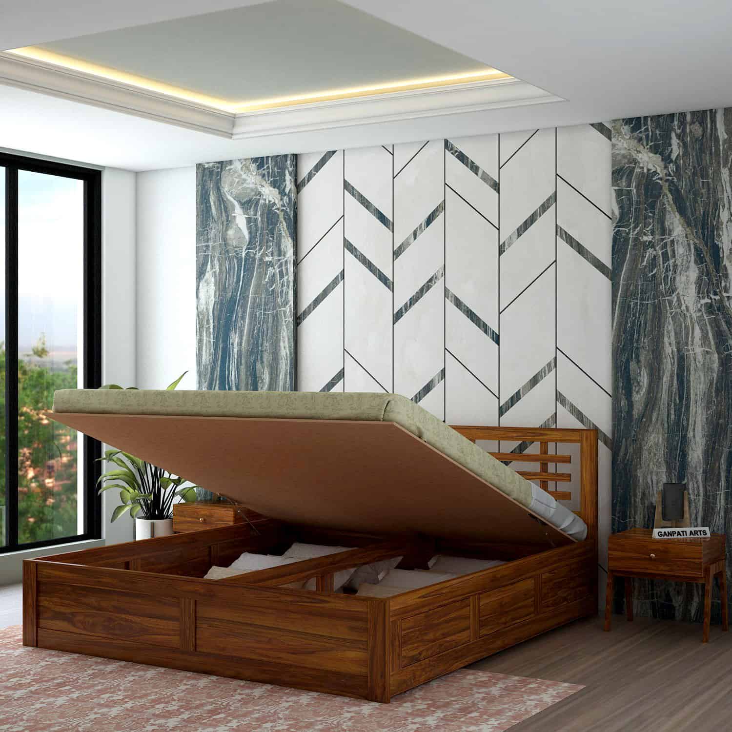 Lyon Solid Sheesham Wood Hydraulic Box Storage Bed - 3 Years Warranty