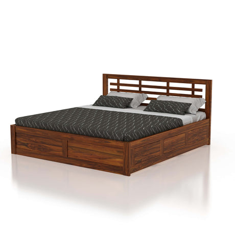 Lyon Solid Sheesham Wood Bed With Box Storage -  1 Year Warranty