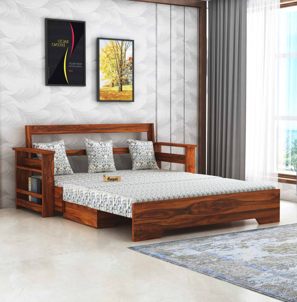 Foster Solid Sheesham Wood 3 Seater Sofa Cum Bed With Side Pockets FLORAL - 3 Years Warranty