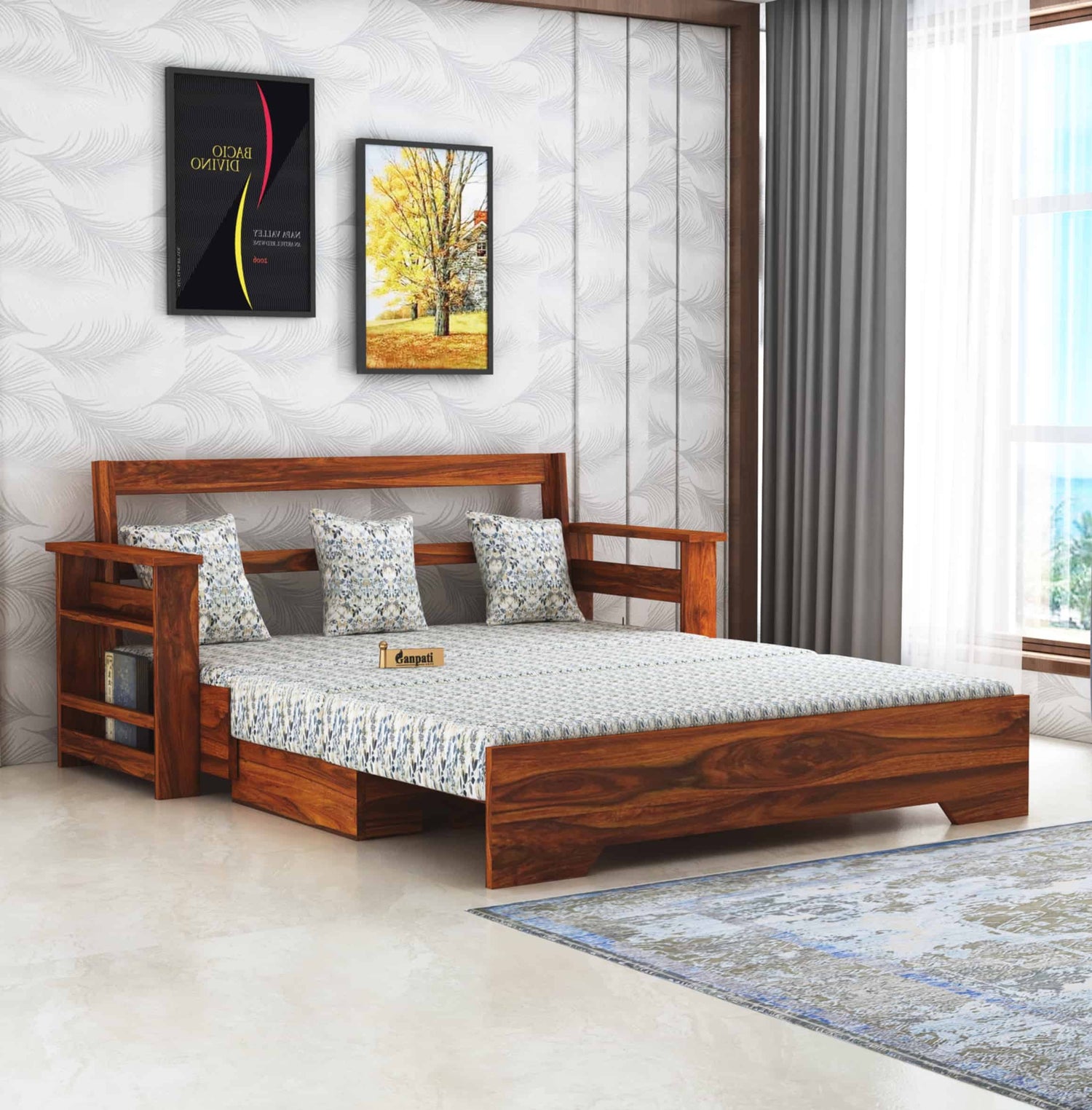 Foster Solid Sheesham Wood 3 Seater Sofa Cum Bed With Side Pockets FLORAL - 3 Years Warranty