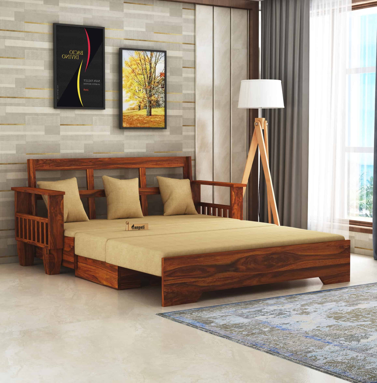 Maharaja Solid Sheesham Wood 3 Seater Sofa Cum Bed With Side Pockets - 3 Years Warranty