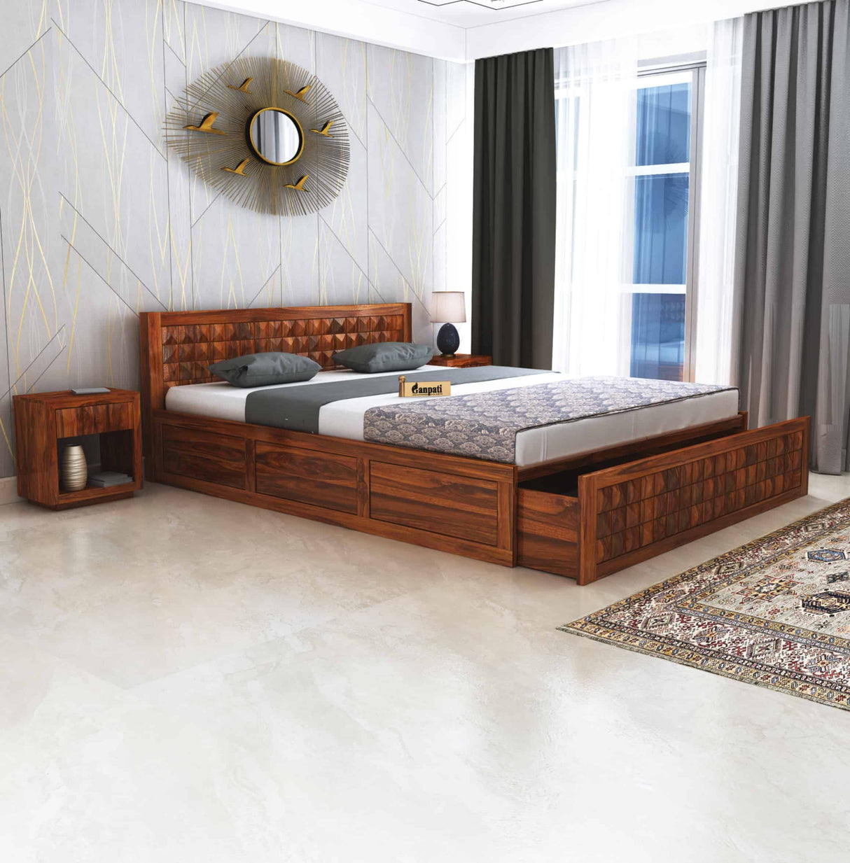 Oslo Diamond Solid Sheesham Wood Bed With Half Box and Trolly Storage - 3 Years Warranty
