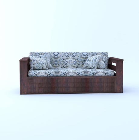 OSLO Solid Sheesham Wood 3 Seater Sofa Cum Bed With Side Pockets FLORAL - 1 Year Warranty