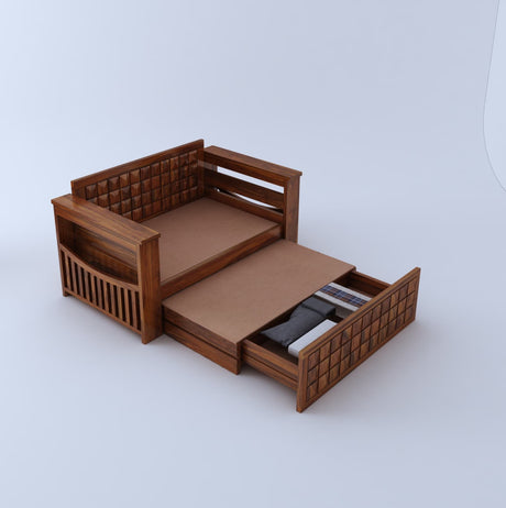 OSLO Solid Sheesham Wood 2 Seater Sofa Cum Bed With Headboard and Mini Storage - 1 Year Warranty