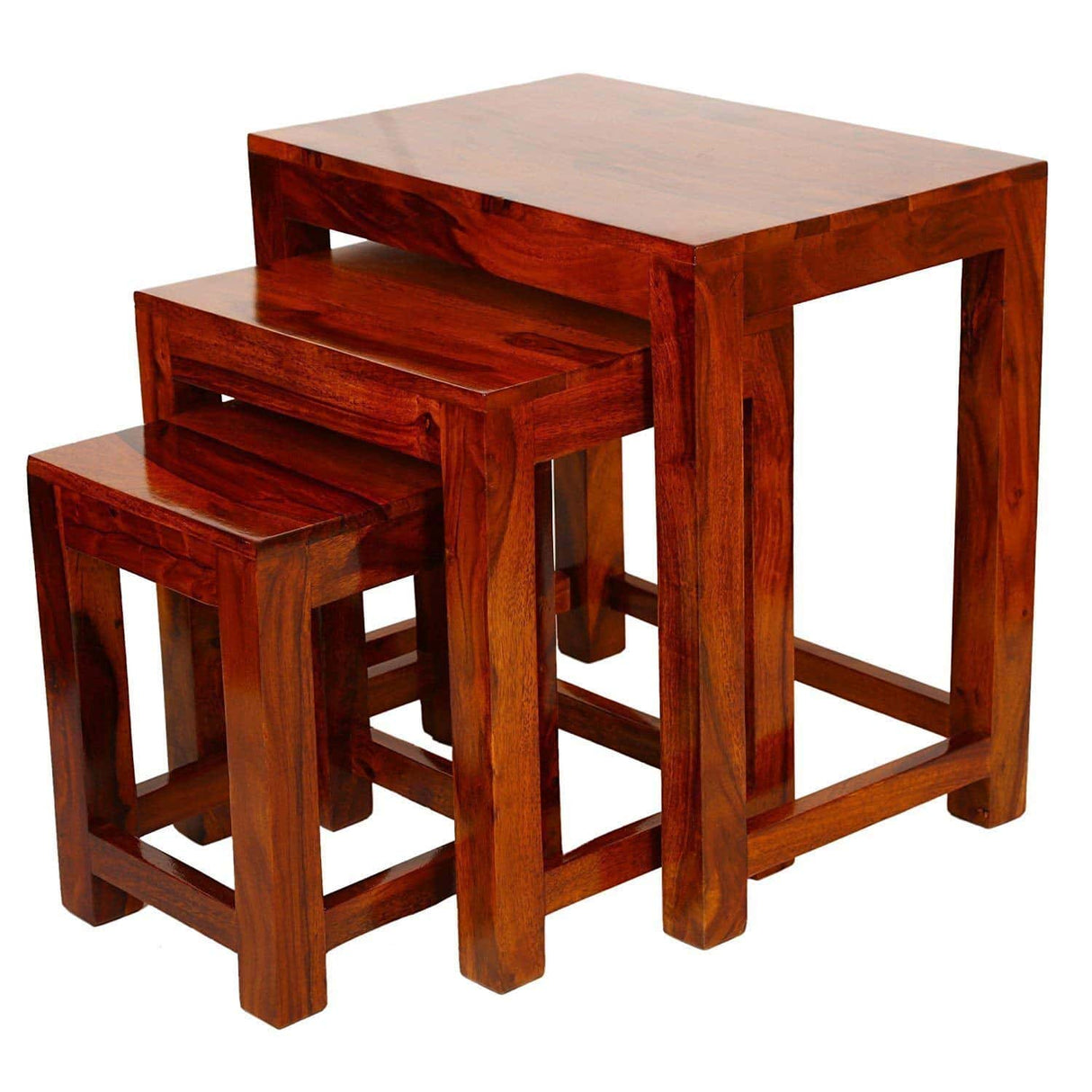 Foster Solid Sheesham Wood Nest of Stools - 3 Years Warranty
