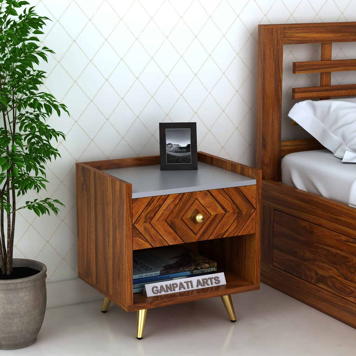 Wave Solid Sheesham Wood Bedside With Gray Top and Storage - 3 Years Warranty