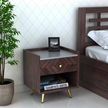 Wave Solid Sheesham Wood Bedside With Gray Top and Storage - 1 Year Warranty