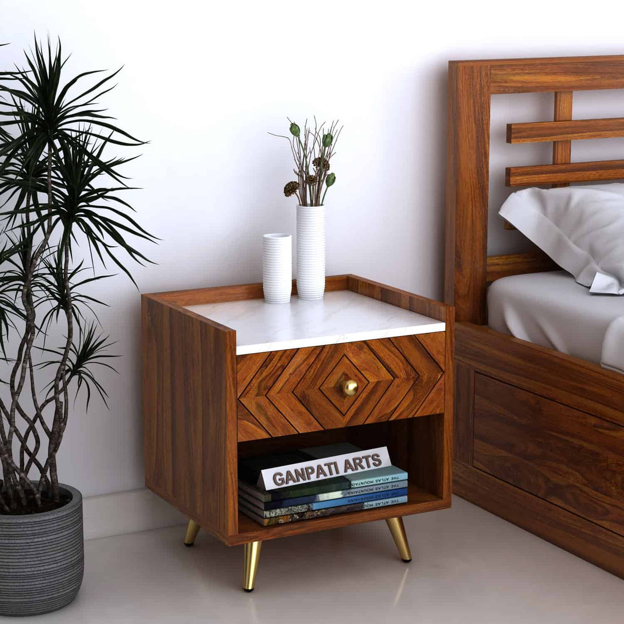 Wave Solid Sheesham Wood Bedside With Marble Top and Storage - 3 Years Warranty