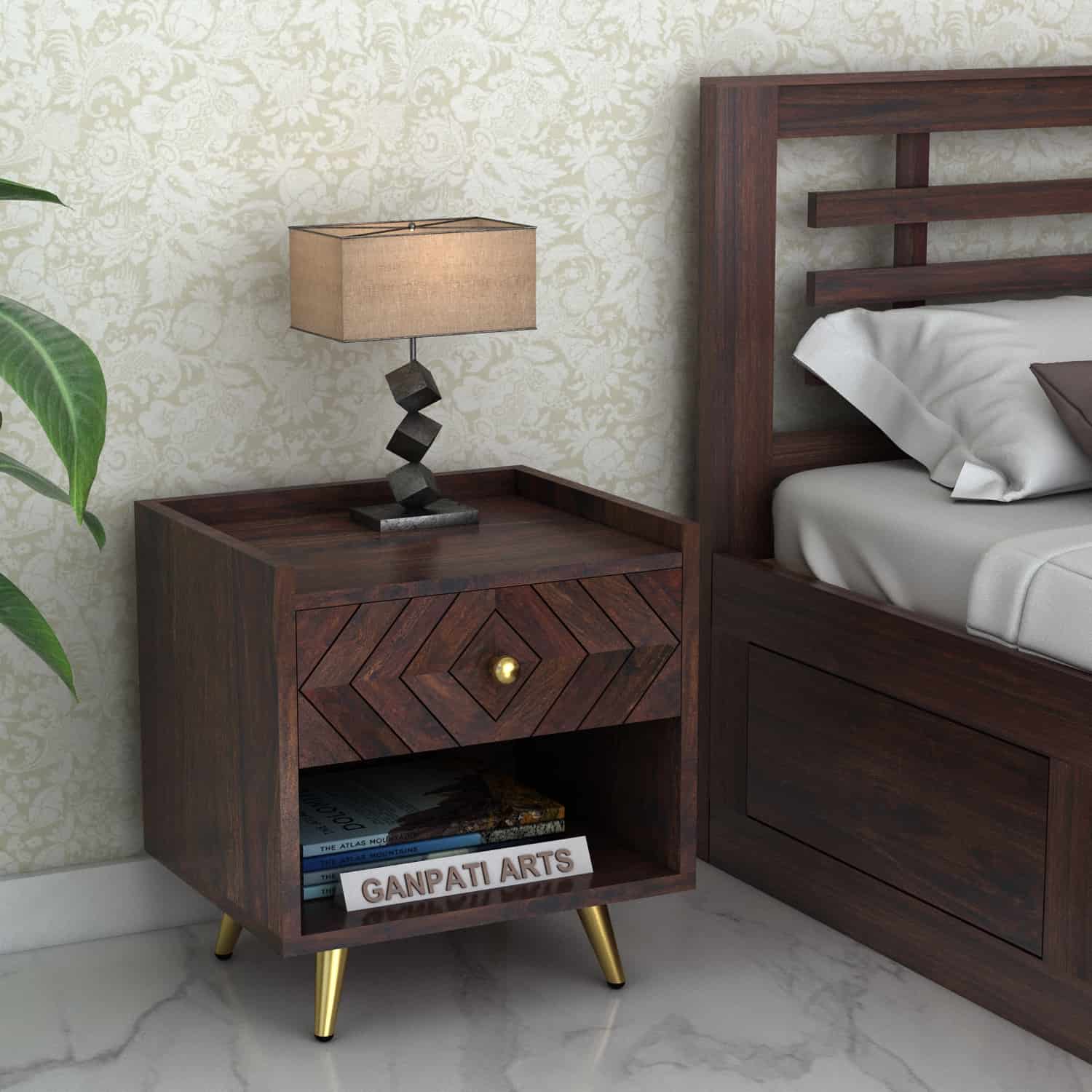 Wave Solid Sheesham Wood Bedside With Storage - 3 Years Warranty