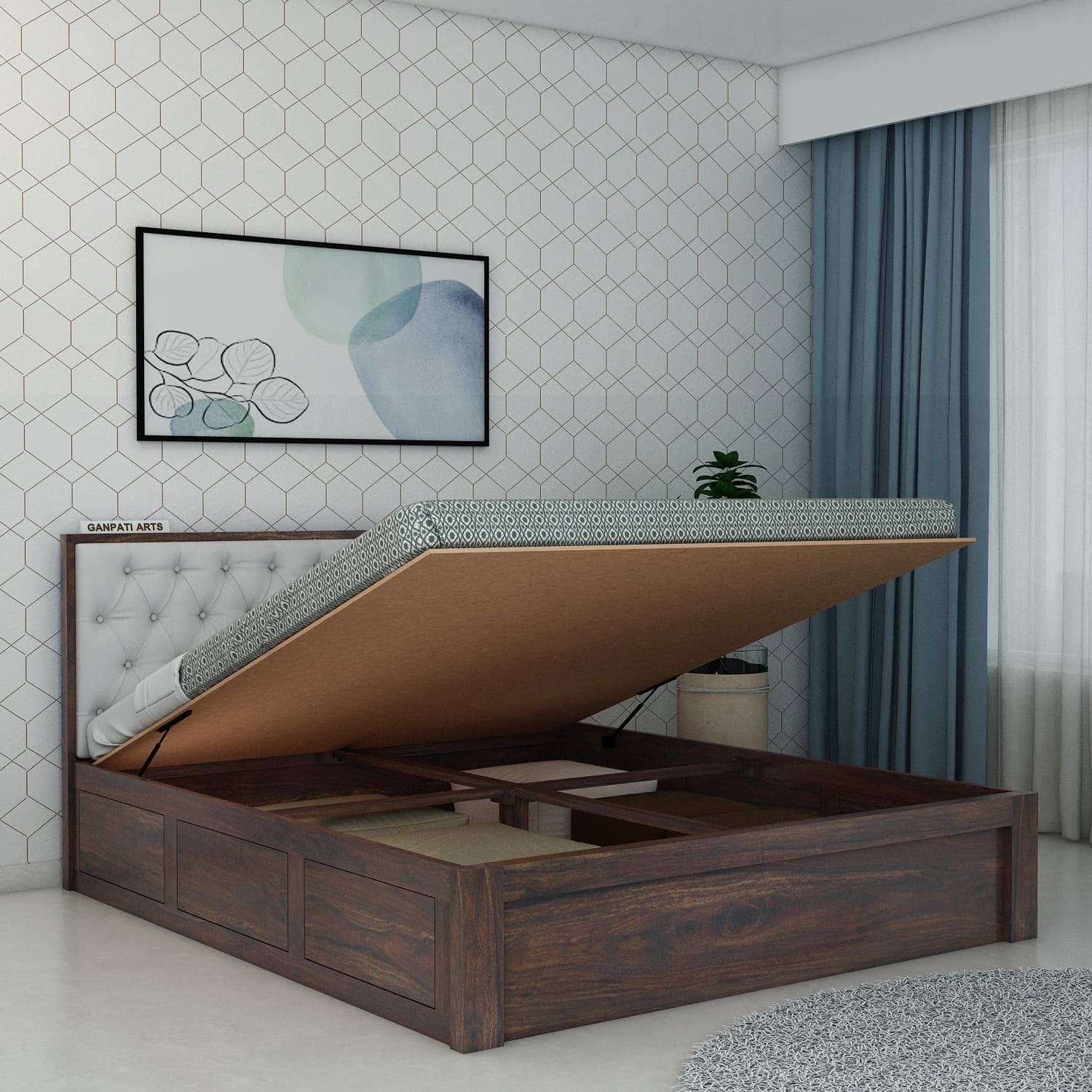 Decan Solid Sheesham Wood Bed with Hydraulic Storage and Upholstery Headboard - 3 Years Warranty