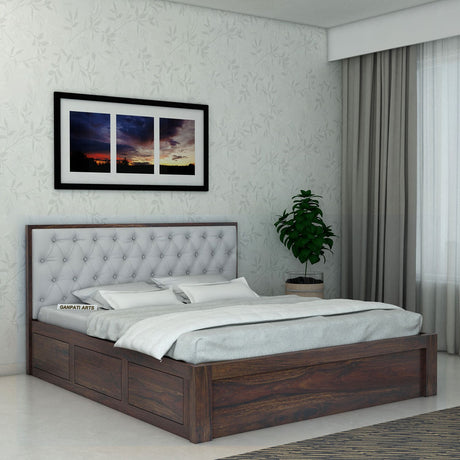Decan Solid Sheesham Wood Bed with Box Storage and Upholstery Headboard - 1 Year Warranty