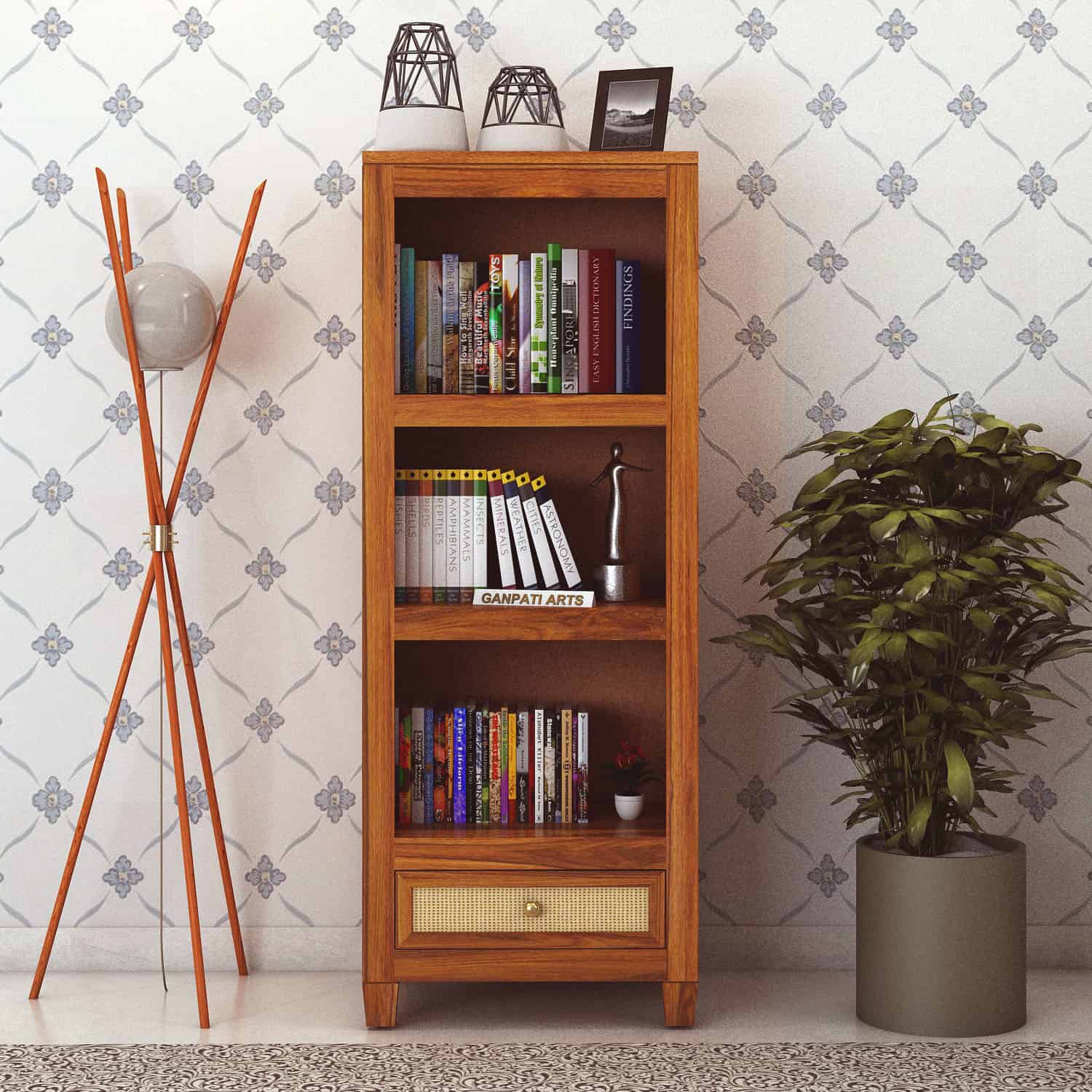Syrus Solid Sheesham Wood Bookshelf With Drawer - 3 Years Warranty