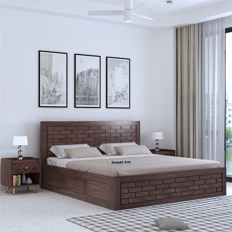 Italian Solid Sheesham Wood Bed with Box Storage FULL Headboard -  1 Year Warranty