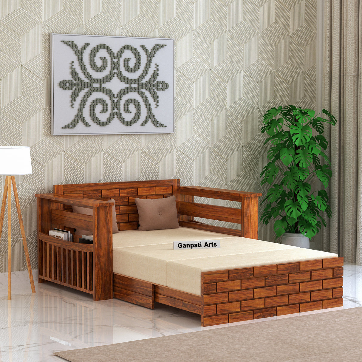 Italian Solid Sheesham Wood 2 Seater Sofa Cum Bed With Headboard and Mini Storage - 3 Years Warranty