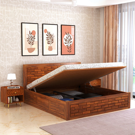 Italian Solid Sheesham Wood Bed with Hydraulic Box Storage FULL Headboard - 1 Year Warranty
