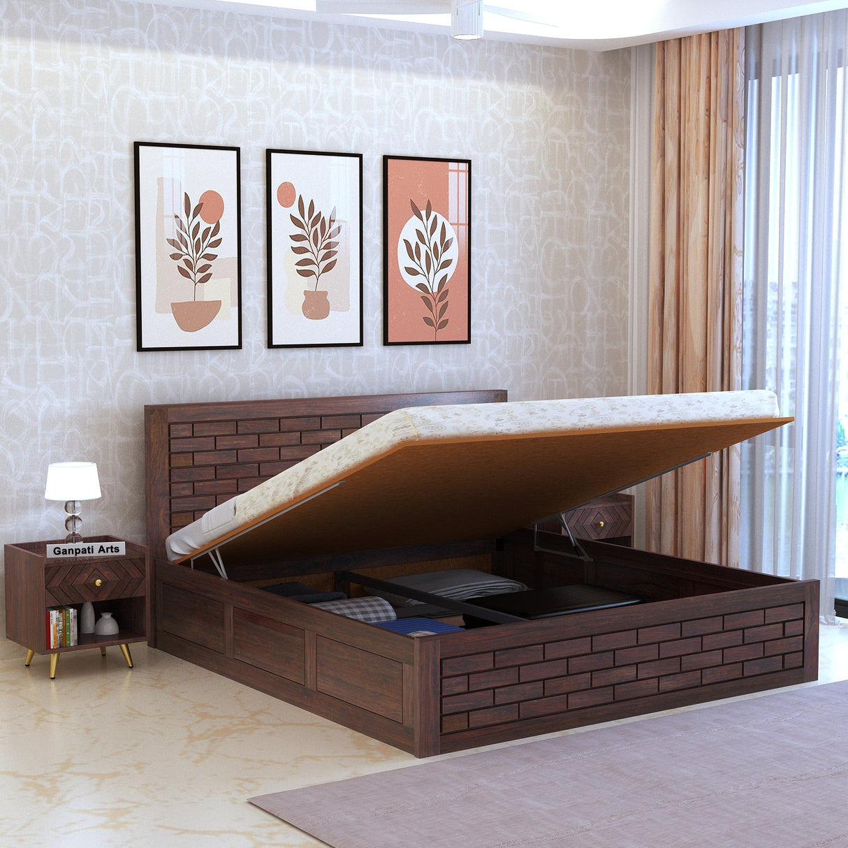 Italian Solid Sheesham Wood Bed with Hydraulic Box Storage FULL Headboard - 3 Years Warranty