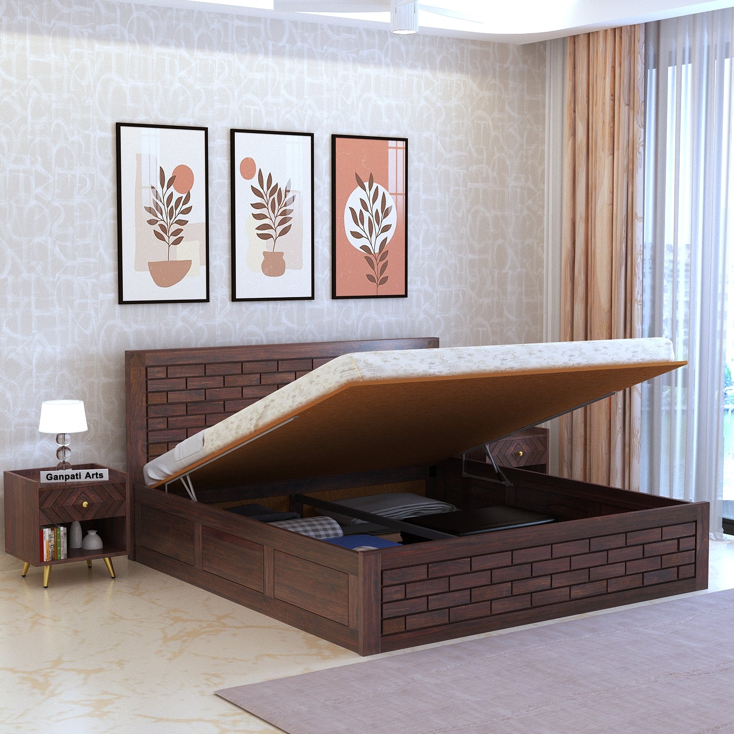 Italian Solid Sheesham Wood Bed with Hydraulic Box Storage FULL Headboard - 3 Years Warranty