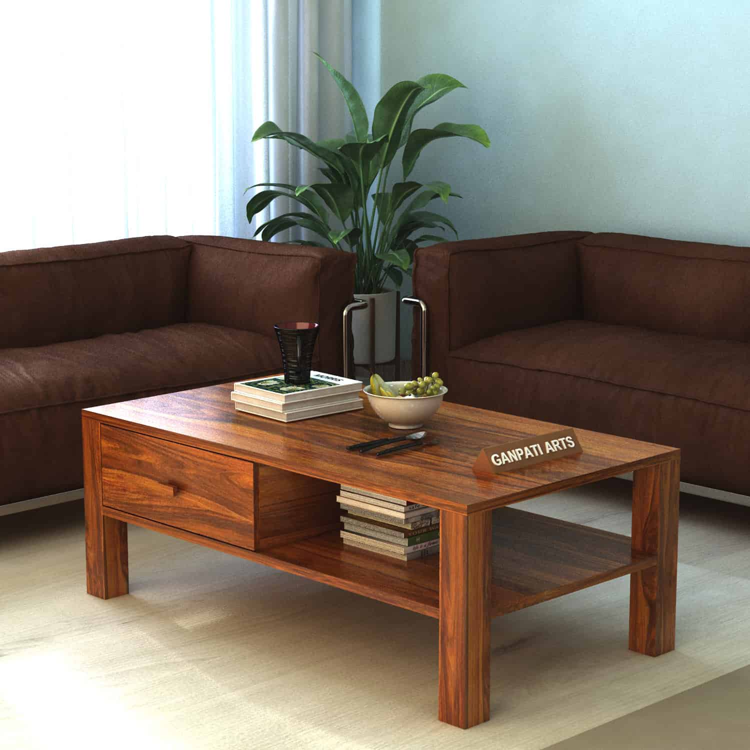 Lurid Solid Sheesham Wood Coffee Table With Drawer - 3 Years Warranty