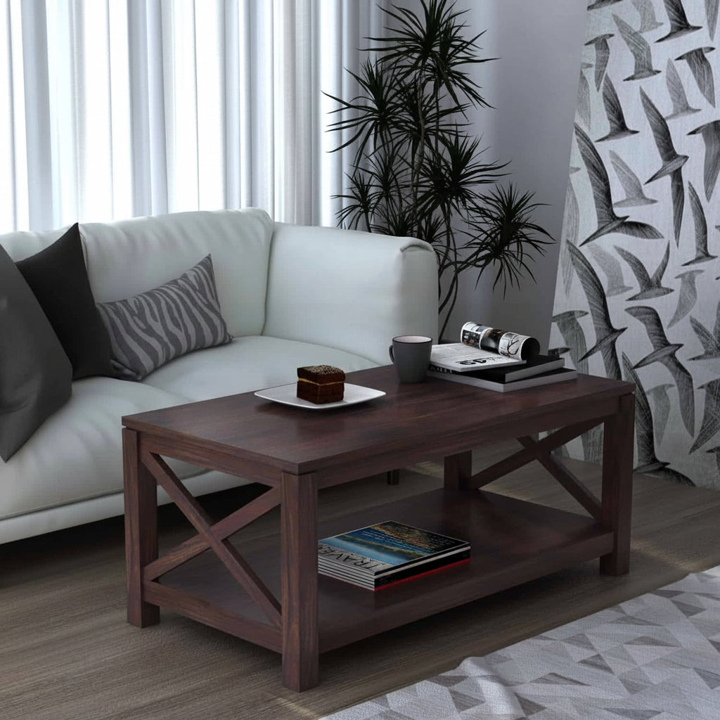 CROSS Solid Sheesham Wood Coffee Table With Shelf - 3 Years Warranty