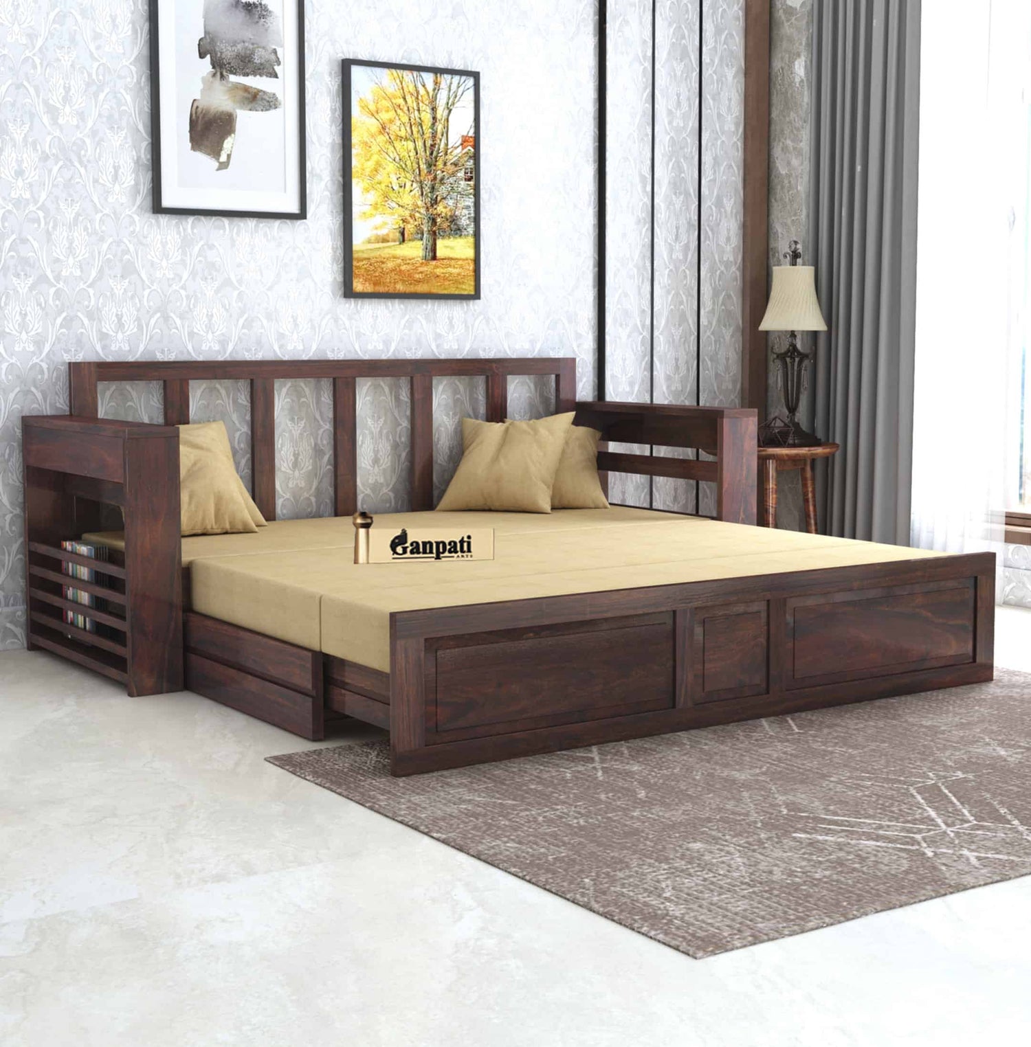 Lurid Solid Sheesham Wood 3 Seater Sofa Cum Bed Walnut with Side Pockets - 3 Years Warranty