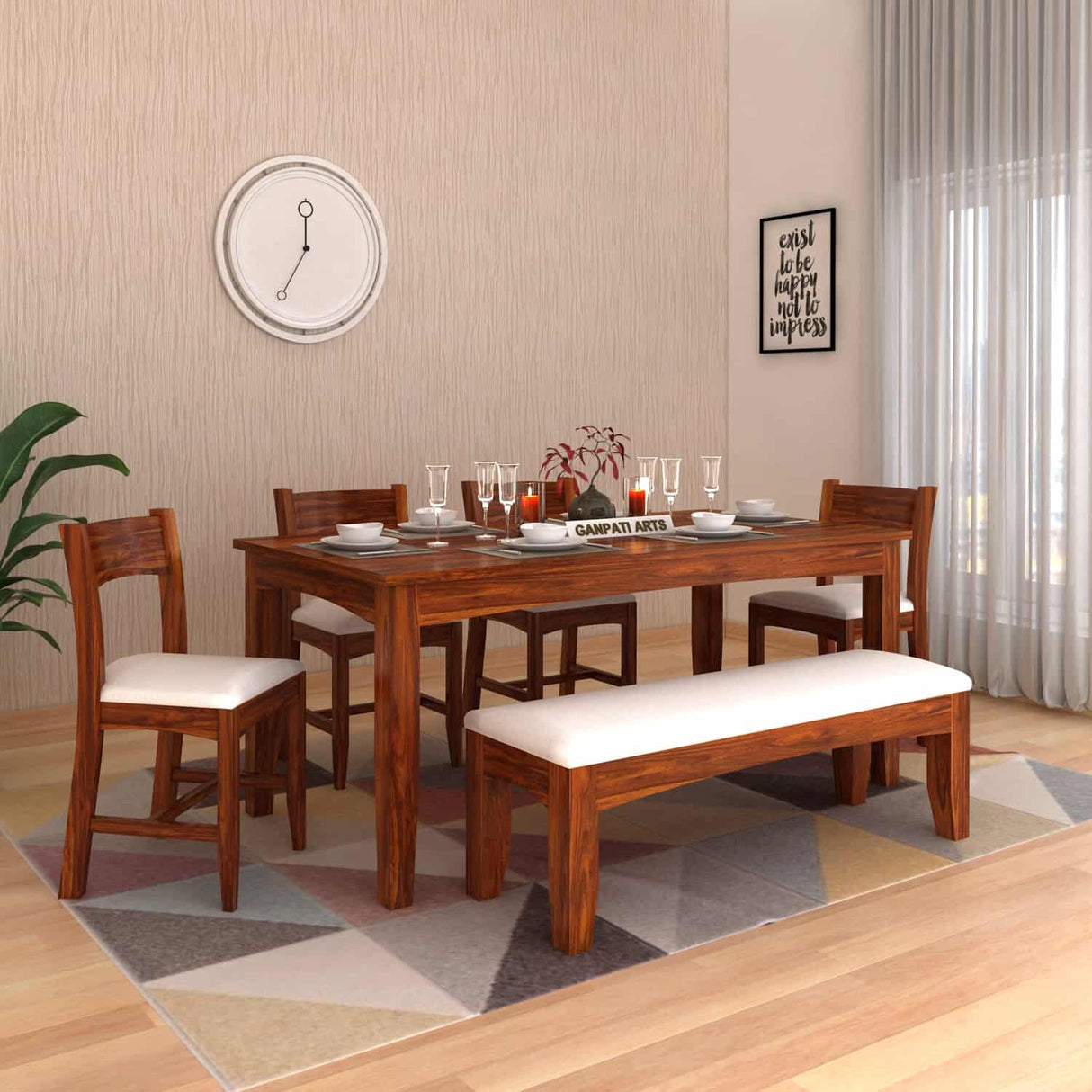 Crown Solid Sheesham Wood 6 Seater Dining Table Set With Bench - 3 Years Warranty