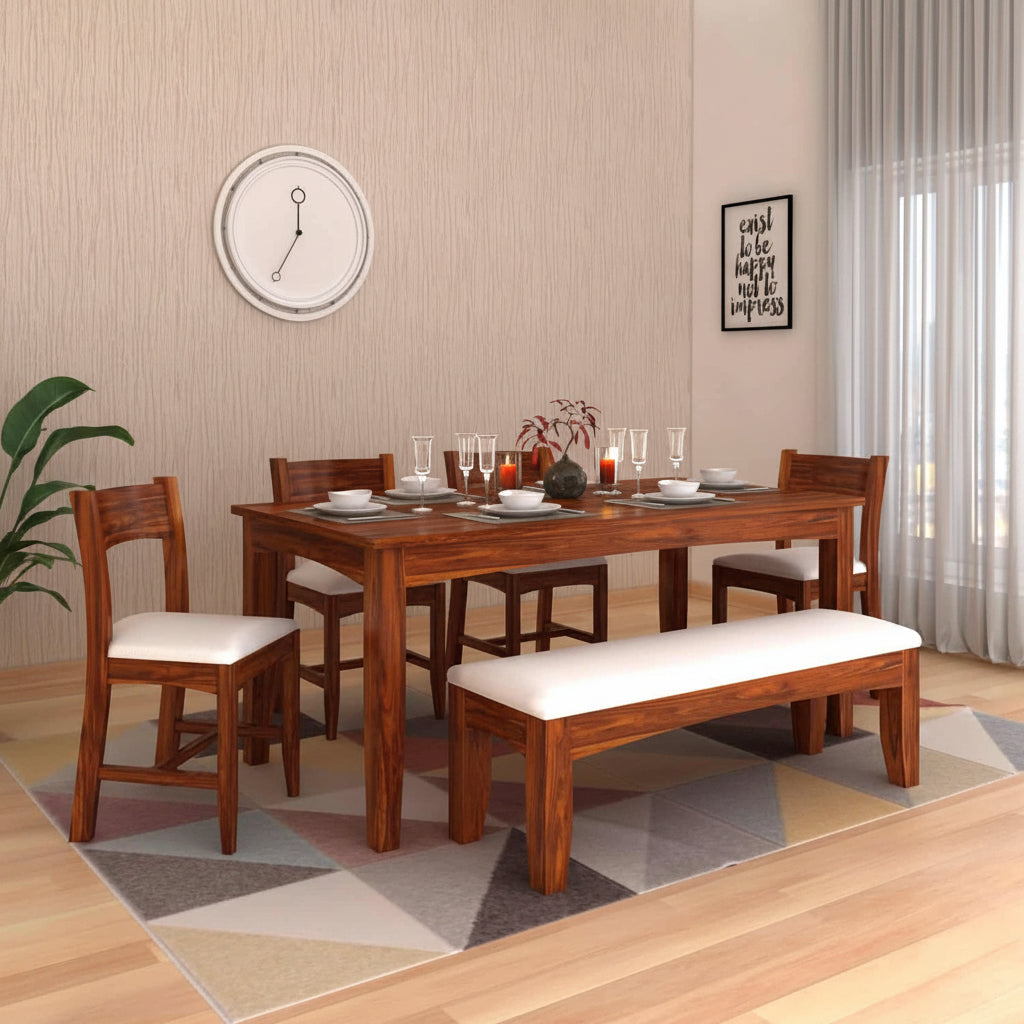 Crown Solid Sheesham Wood 6 Seater Dining Table Set With Bench - 3 Years Warranty