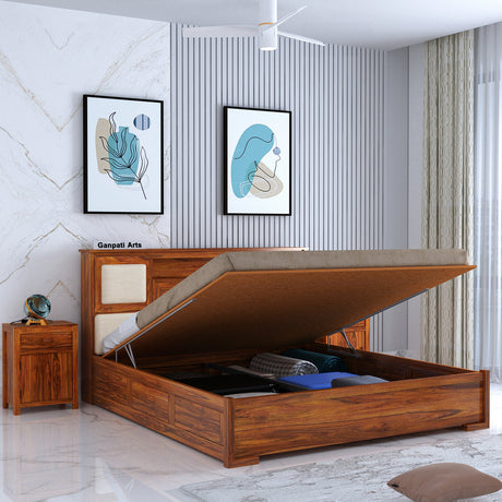 Maharaja Solid Sheesham Wood Bed with Hydraulic Box and Headboard Storage - 1 Year Warranty