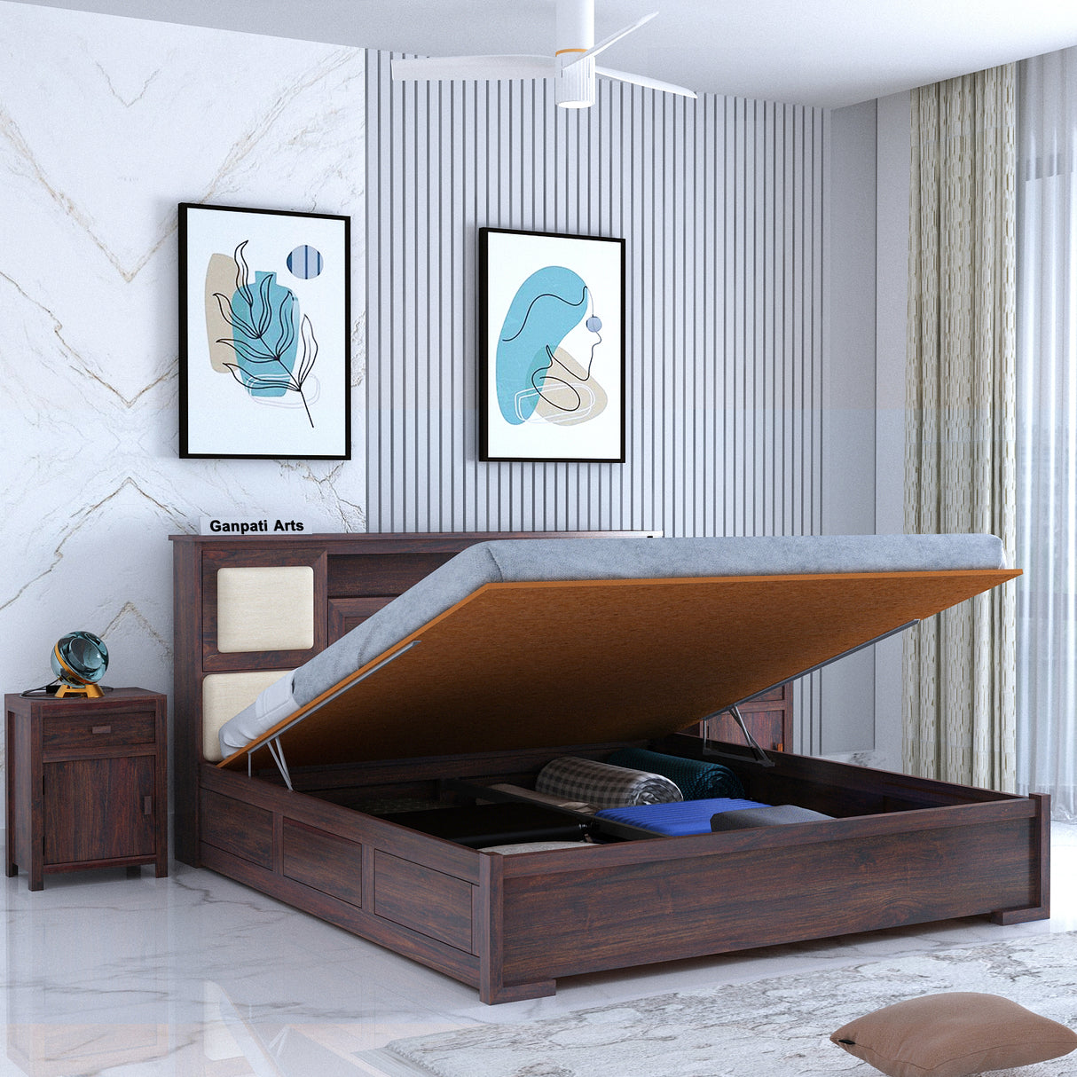 Maharaja Solid Sheesham Wood Bed with Hydraulic Box and Headboard Storage - 3 Years Warranty