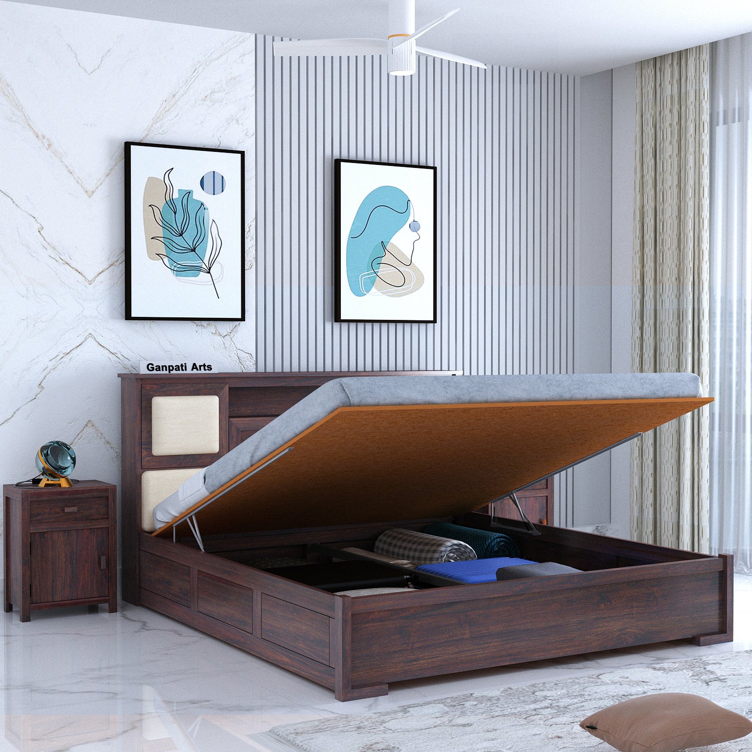 Maharaja Solid Sheesham Wood Bed with Hydraulic Box and Headboard Storage - 3 Years Warranty