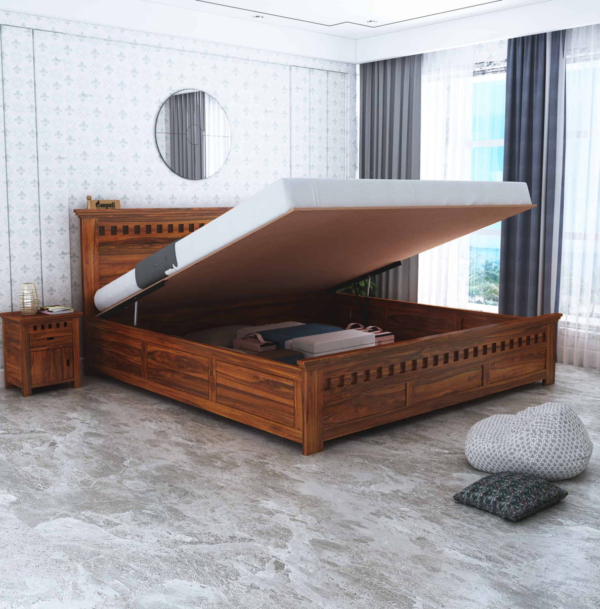 Armania Solid Sheesham Wood Hydraulic Storage Bed - 3 Years Warranty