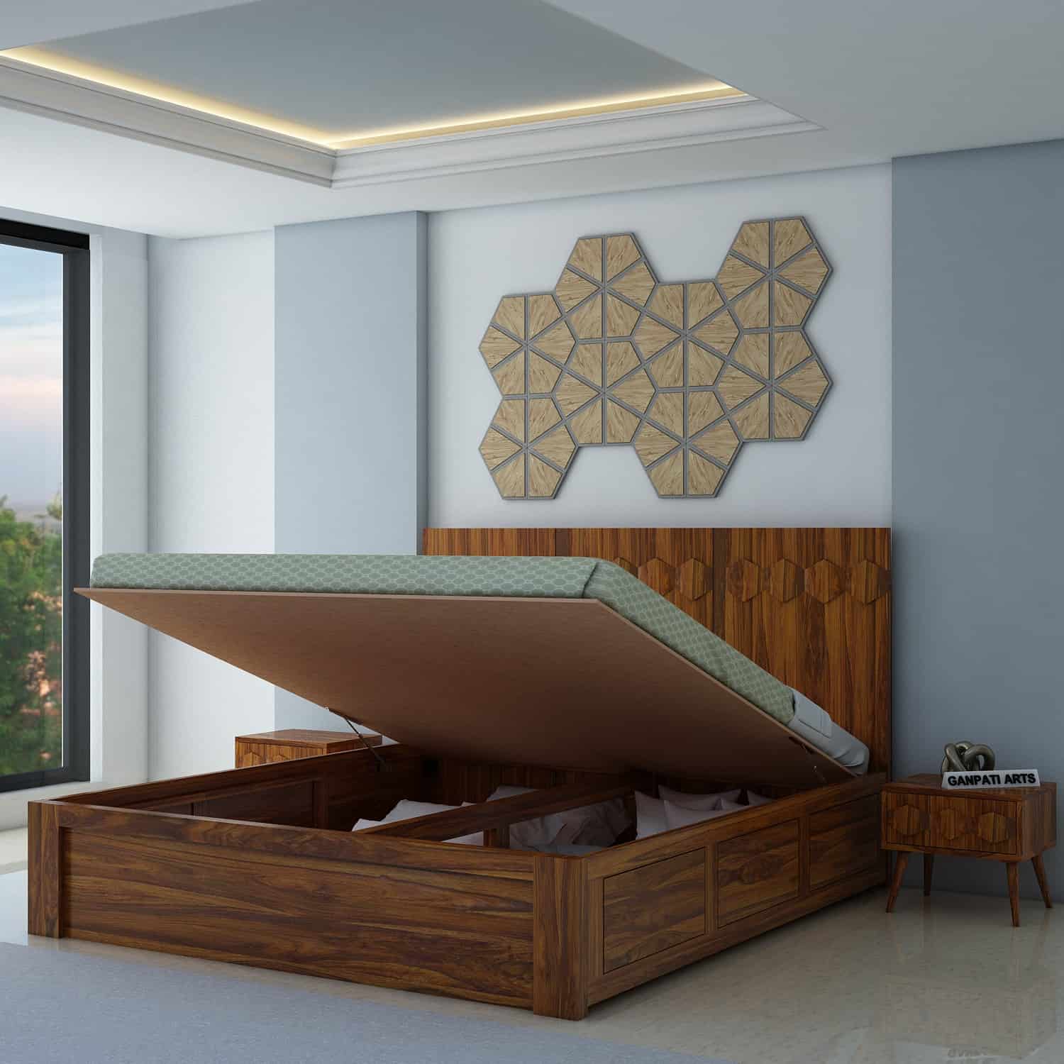 Hexa Solid Sheesham Wood Bed with Hydraulic Box Storage - 3 Years Warranty