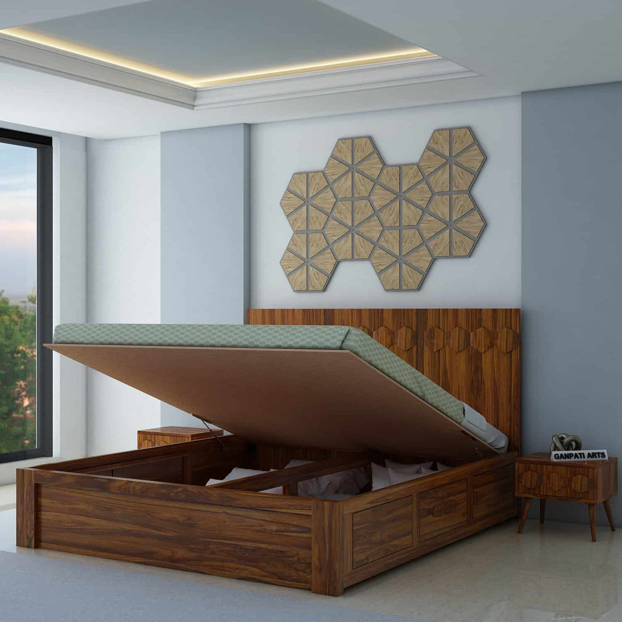 Hexa Solid Sheesham Wood Bed with Hydraulic Box Storage - 3 Years Warranty
