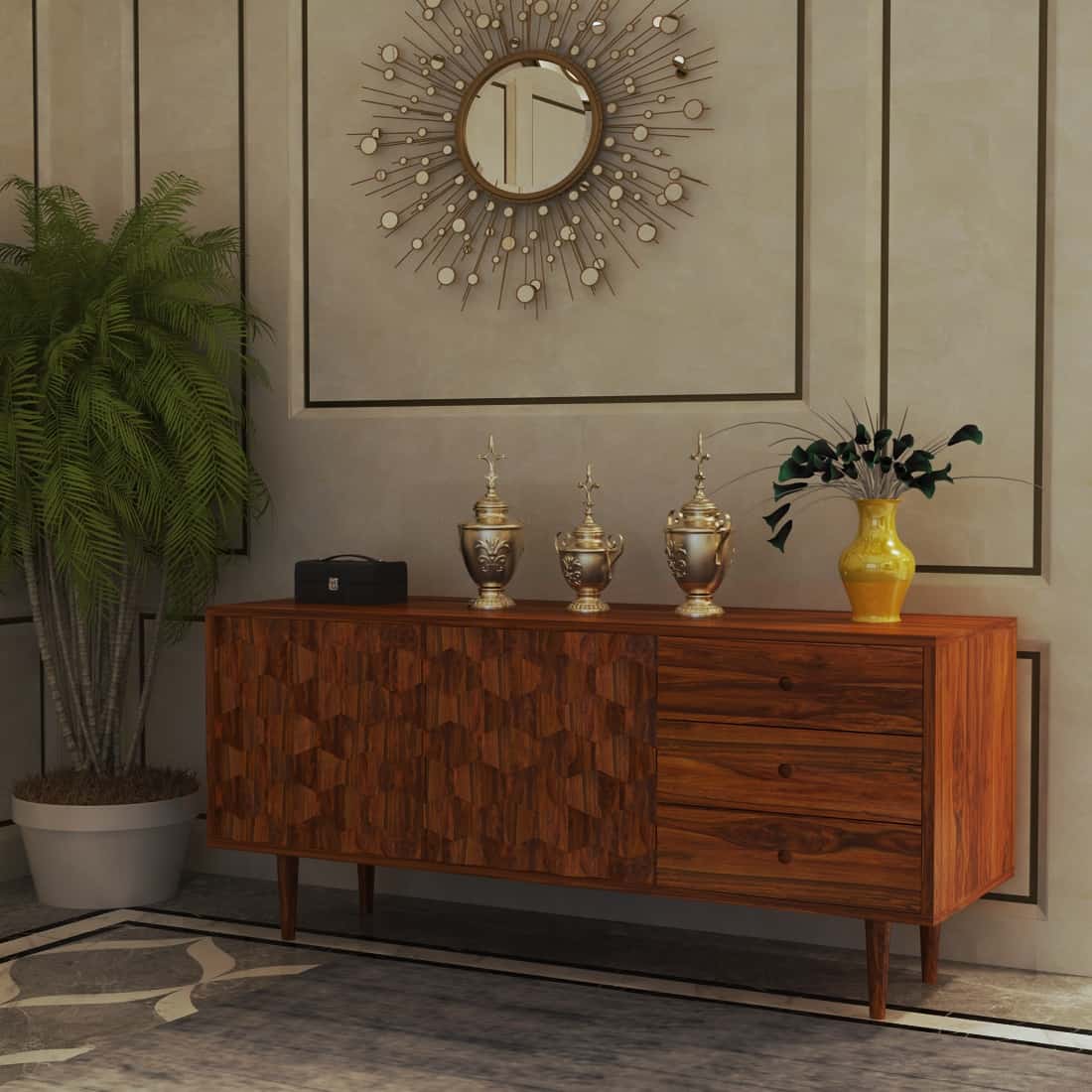 Hexa Solid Sheesham Wood Sideboard With Doors and Drawer Storage - 3 Years Warranty