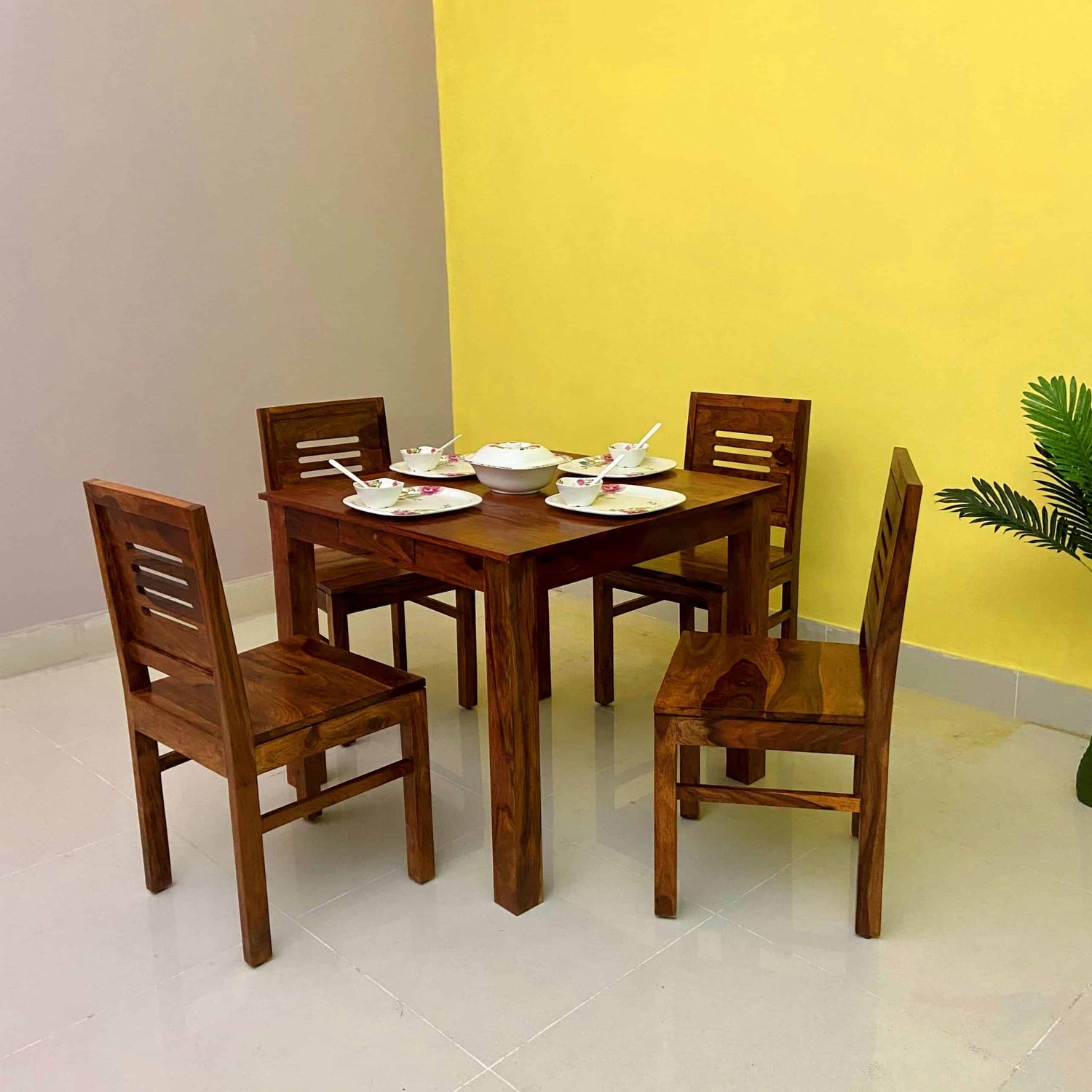 Cairo Solid Sheesham Wood Square 4 Seater Dining Table Set - 3 Years Warranty