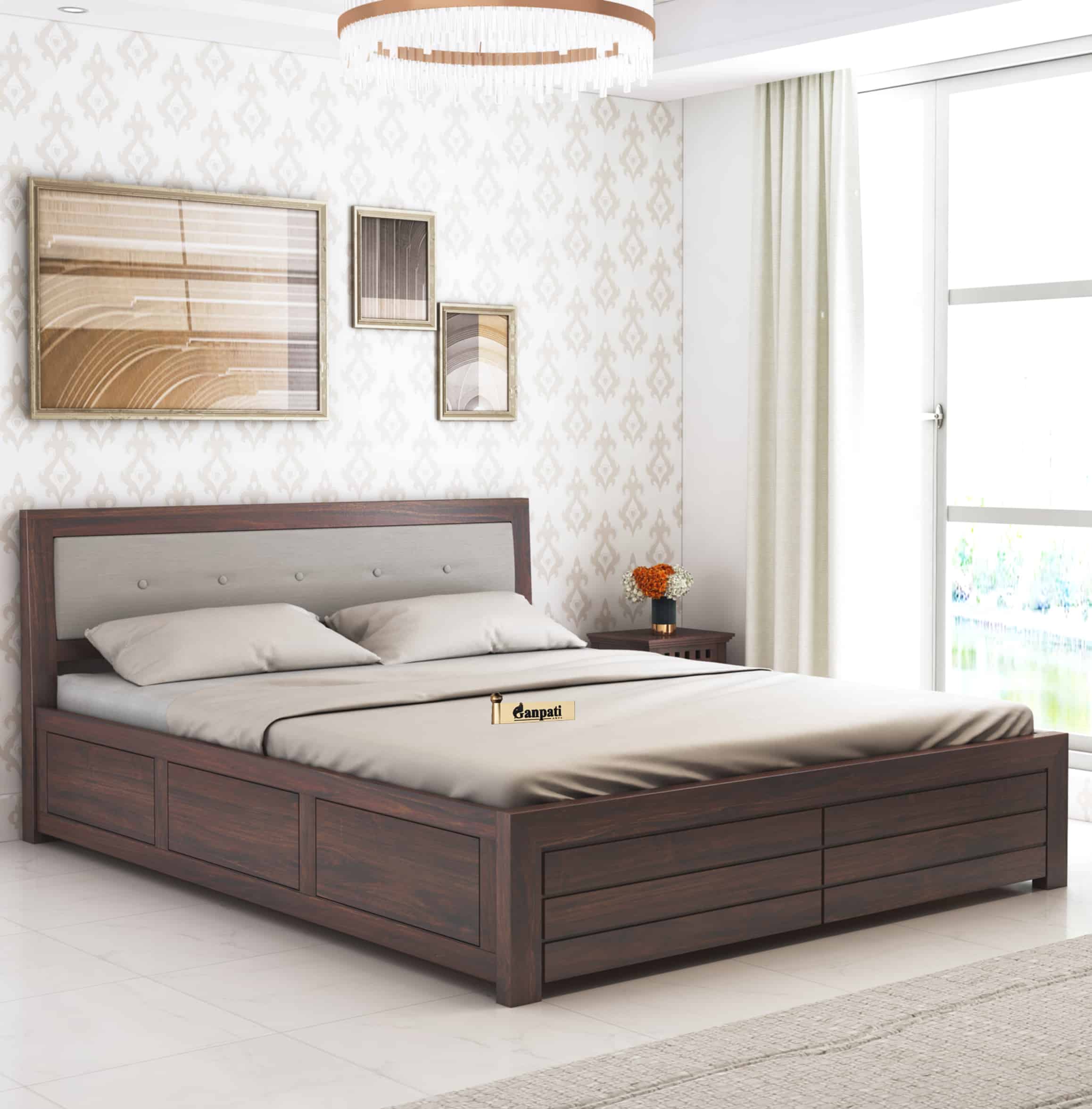 Euro Solid Sheesham Wood Bed with Box Storage and Upholstery Headboard -  3 Years Warranty
